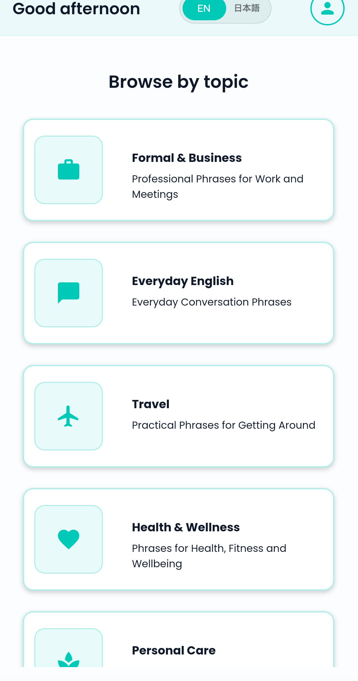 MimiTalk app home screen showing lesson categories